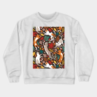 Autumn joy // pattern // brown oak background cats dancing with many leaves in fall colors Crewneck Sweatshirt